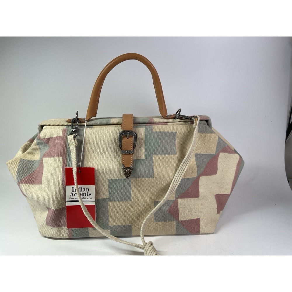Rivage Vintage Southwestern Tribal Print Canvas Satchel Leather Trim Purse NWT